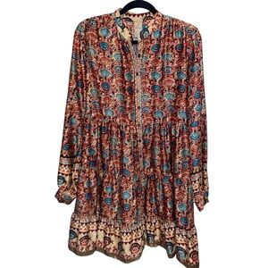 Tan Trend Dress Womens M/L Pret a Porter Boho Ethnic Cottagecore Floral Feminine